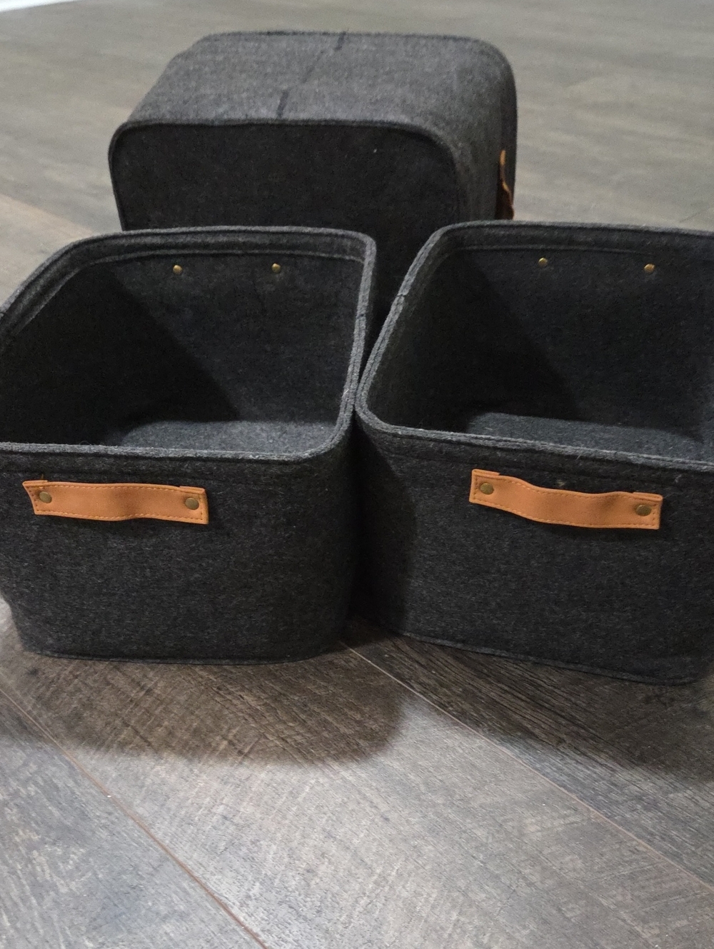 Gray Felt Storage Bins with Tan Leather Handles - Set of 4